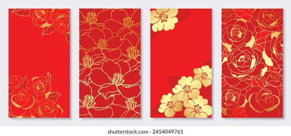 Happy Chinese New Year cover background vector. Luxury background design with golden rose flower, cherry blossom. Elegant oriental illustration for cover, banner, website, calendar, card.