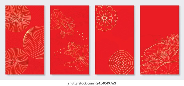 Happy Chinese Neu Year Cover Hintergrund Vektorgrafik. Luxuriöses Hintergrunddesign mit Goldfisch, Lotusblume, Laterne. Elegante orientalische Illustration für Cover, Banner, Website, Kalender, Card.