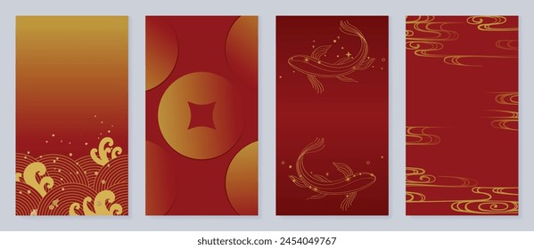 Happy Chinese New Year cover background vector. Luxury background design with golden sea wave, fish, coin, wind. Elegant oriental illustration for cover, banner, website, calendar, card.