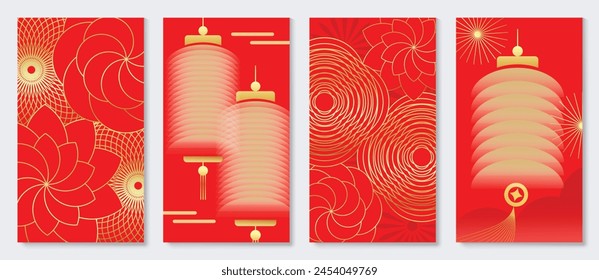 Happy Chinese New Year cover background vector. Luxury background design with golden chinese lantern, flower, firework. Elegant oriental illustration for cover, banner, website, calendar, card.