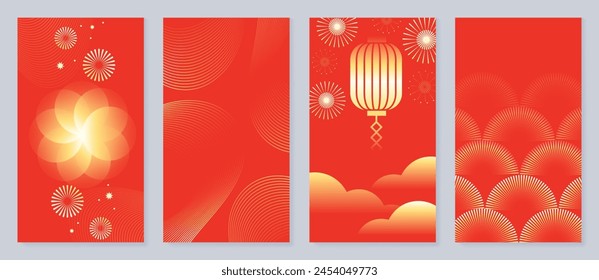 Happy Chinese New Year cover background vector. Luxury background design with golden chinese lantern, cloud, firework, flower. Elegant oriental illustration for cover, banner, website, calendar, card.