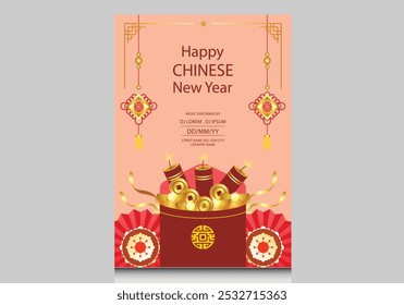 Happy Chinese New Year cover background vector. Year of the dragon design with golden dragon, Chinese lantern, coin, pattern. Elegant orienta