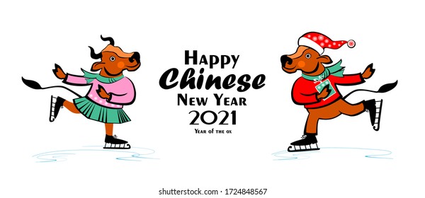 Happy Chinese new year. Happy Cows. Two cute Ox at ice skating. Bull zodiac symbol of the year 2021. Guy and Girl. Zodiac sign for greetings card, invitation, posters, sticker, shirt. Vector