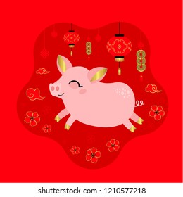 Happy Chinese new year. Cute holiday card with pink pig, 2019. 