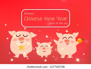 Happy Chinese New Year, cute three pig family, cartoon with Chinese gold and orange, glowing background, greeting postcard vector illustration