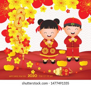 Happy Chinese New Year with cute boy, girl and rat. Translation Happy New Year