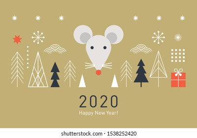 Happy Chinese new year. Cute mouse, stylized geometric trees, decor elements, banner concept, greeting card 