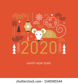 Happy Chinese New Year. Cute mouse, stylized geometric trees, decor elements, banner concept, greeting card 