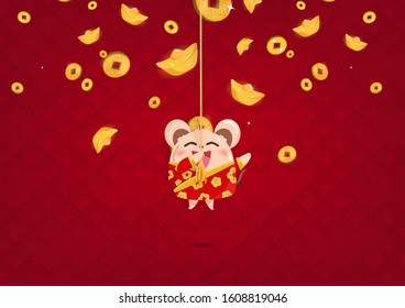 Happy Chinese New Year, Cute rat hanging and pulling on rope, gold and money coins falling greeting card invitation background vector