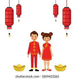 Happy chinese new year. Cute little boy and girl in traditional chiness dress. Flat cartoon character illustration