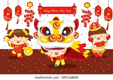 Happy chinese new year cute lion dance festival vector