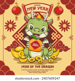 Happy Chinese New Year With Cute Dragon, Gold Ingot And Chinese Orange Fruit. Year Of The Dragon. 2024