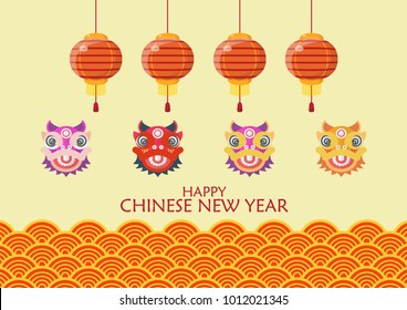 Happy chinese new year with Dancing lions and lanterns. Traditional wave background. Vector illustration
