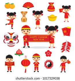 Happy chinese new year decoration traditional symbols set with characters and icons elements isolated on white background.