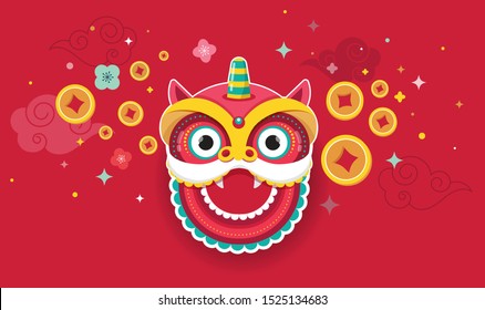 Happy Chinese new year design 2020. Dancing dragon, flowers and money elements. Vector illustration and banner concept in flat style