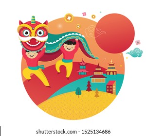 Happy Chinese new year design 2020. Dancing dragon, flowers and money elements. Vector illustration and banner concept in flat style