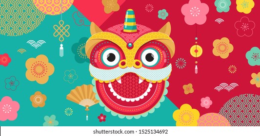 Happy Chinese new year design 2020. Dancing dragon, flowers and money elements. Vector illustration and banner concept in flat style