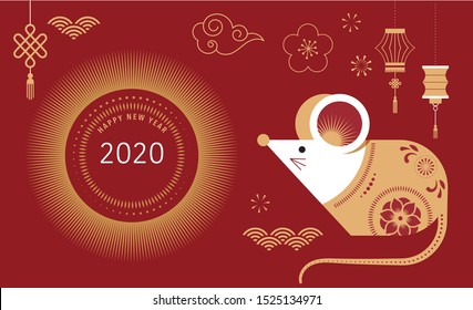 Happy Chinese new year design 2020. Dancing dragon, flowers and money elements. Vector illustration and banner concept in flat style

