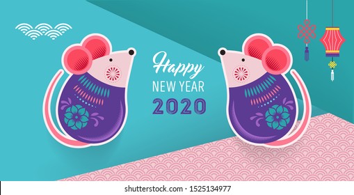 Happy Chinese new year design 2020. Dancing dragon, flowers and money elements. Vector illustration and banner concept in flat style
