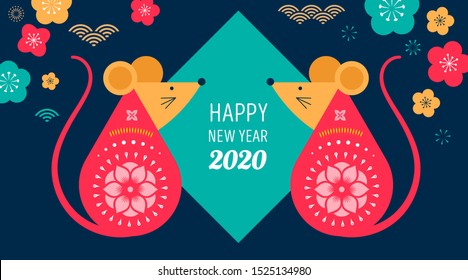Happy Chinese new year design 2020. Dancing dragon, flowers and money elements. Vector illustration and banner concept in flat style
