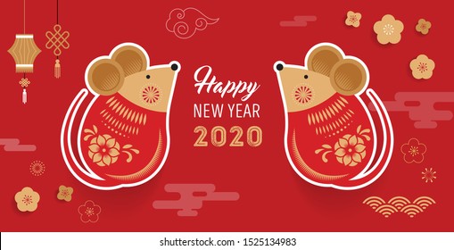 Happy Chinese new year design 2020. Dancing dragon, flowers and money elements. Vector illustration and banner concept in flat style
