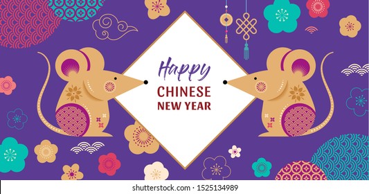 Happy Chinese new year design 2020. Dancing dragon, flowers and money elements. Vector illustration and banner concept in flat style
