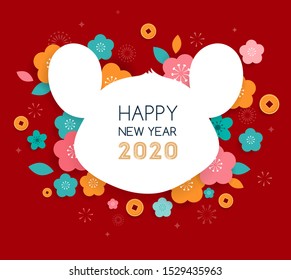 Happy Chinese new year design. 2020 Rat zodiac. Cute mouse cartoon. Vector illustration and banner 