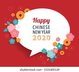 Happy Chinese new year design with speech bubble. 2020 Rat zodiac. Vector illustration and banner concept