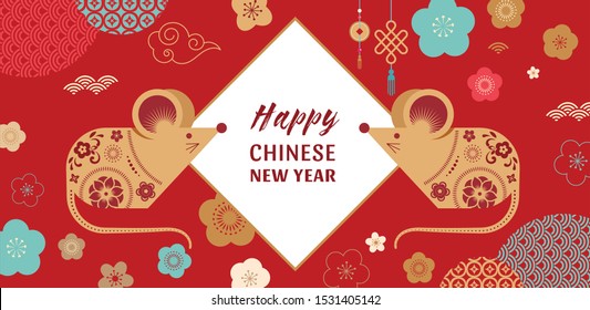 Happy Chinese new year design. 2020 Rat zodiac. Cute mouse cartoon. Vector illustration and banner concept 