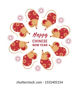 Happy Chinese new year design. 2020 Rat zodiac. Cute mouse cartoon. Vector illustration and banner concept 