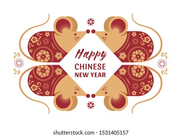 Happy Chinese new year design. 2020 Rat zodiac. Cute mouse cartoon. Vector illustration and banner concept 