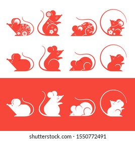 Happy Chinese new year design. 2020 Rat zodiac. Cute decorated mouses collection. Japanese, Korean, Vietnamese new year. Vector illustration and banner concept