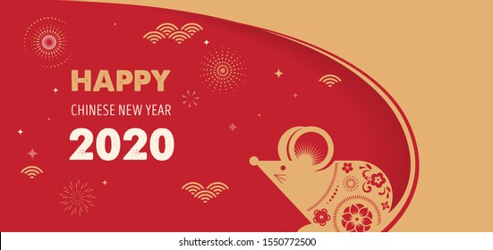 Happy Chinese new year design. 2020 Rat zodiac. Cute mouse cartoon. Japanese, Korean, Vietnamese lunar new year. Vector illustration and banner concept