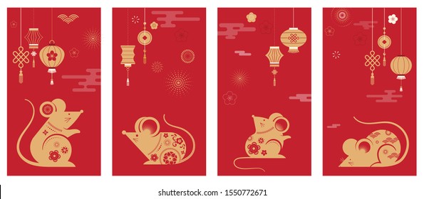 Happy Chinese New Year Design. 2020 Rat Zodiac. Cute Mouse Cartoon. Japanese, Korean, Vietnamese Lunar New Year. Vector Illustration And Banner Concept 