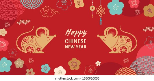 Happy Chinese new year design. 2020 Rat zodiac. Cute mouse cartoon. Japanese, Korean, Vietnamese lunar new year. Vector illustration and banner concept 