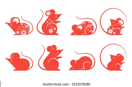 Happy Chinese new year design. 2020 Rat zodiac. Cute decorated mouses collection. Japanese, Korean, Vietnamese new year. Vector illustration and banner concept