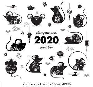 Happy Chinese new year design. 2020 Rat zodiac. Cute decorated mouses collection. Japanese, Korean, Vietnamese new year. Vector illustration and banner concept