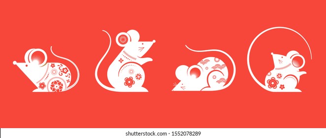 Happy Chinese new year design. 2020 Rat zodiac. Cute decorated mouses collection. Japanese, Korean, Vietnamese new year. Vector illustration and banner concept