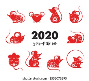 Happy Chinese new year design. 2020 Rat zodiac. Cute decorated mouses collection. Japanese, Korean, Vietnamese new year. Vector illustration and banner concept