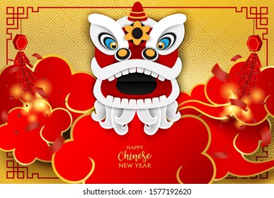 Happy Chinese New Year. Design with Chinese lion and cracker on gold background. paper art style. Vector.