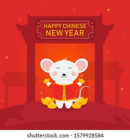 Happy chinese new year design with chinese gates, gold ingots, and rat cartoon character illustration on a red background.