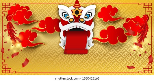 Happy Chinese New Year. Design with Chinese lion and cracker on gold background. paper art style. Vector.