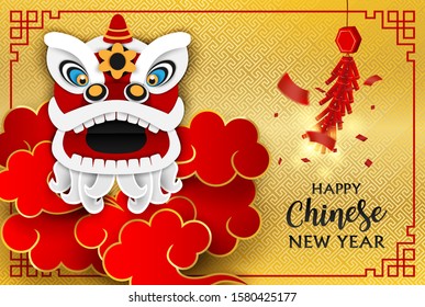 Happy Chinese New Year. Design with Chinese lion and cracker on gold background. paper art style. Vector.