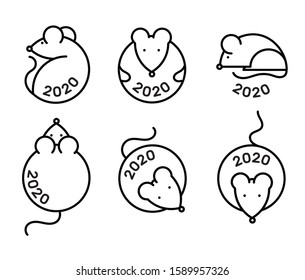 Happy Chinese new year design. 2020 Rat zodiac.Cute mouse cartoon collection. Vector illustration and banner concept in flat style.outline