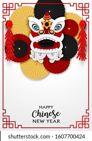 Happy Chinese New Year. Design with Chinese lion and cracker on  white background. paper art style. Vector.