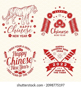 Happy Chinese New Year design in retro style. Chinese New Year of tiger felicitation classic postcard. Chinese sign year of tiger greeting card. Banner for website template. Vector illustration.