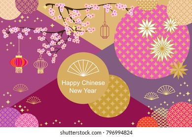 Happy Chinese New Year diagonal card. Colorful abstract ornate circles, blooming flowers and oriental lanterns on purple background. Template for banners, posters, party invitations, calendars.