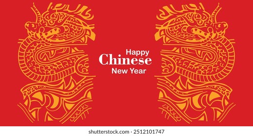 Happy Chinese new year of the digital dragon - Gold line art character on red background. Gold traditional Chinese vector designs with dragons. Lunar new year concept  modern design.