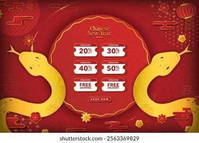 Happy Chinese New Year Discount Coupon design banner with shop now button. Year of the snake theme in red and gold, asian element designs, auspicisous clouds, lantern, flower, patterns