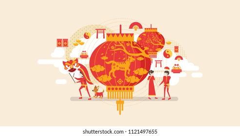 Happy Chinese New Year Dog Year Celebration Tiny People Character Concept Vector Illustration, Suitable For Wallpaper, Banner, Background, Card, Book Illustration, And Web Landing Page